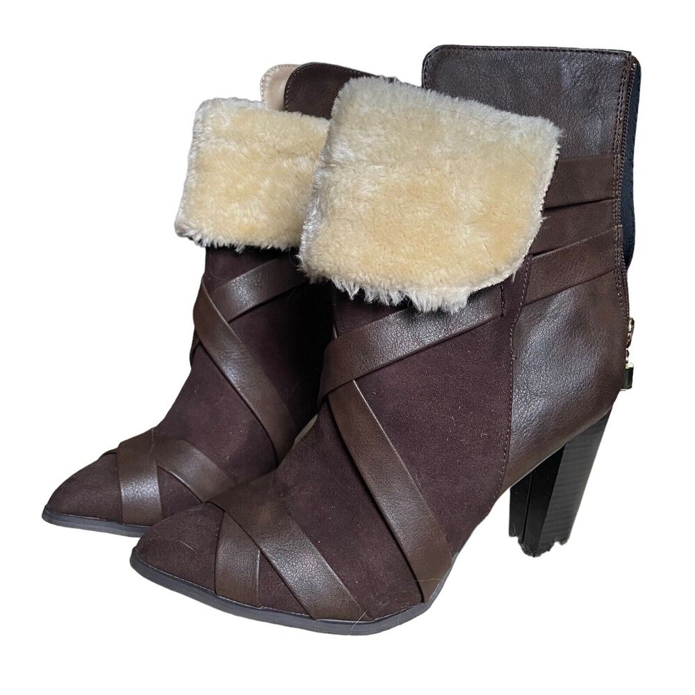 Penny Loves Kenny Boots Size 7.5 Amp Brown Heeled Criss Cross Straps Mid Calf